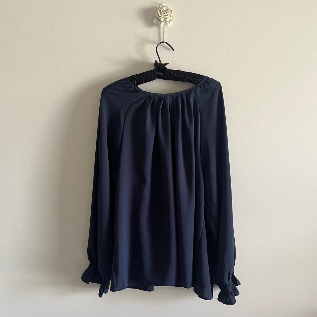 Elegant Long Sleeve Navy Plus Size Blouse With Gathered Neckline Size 4xl